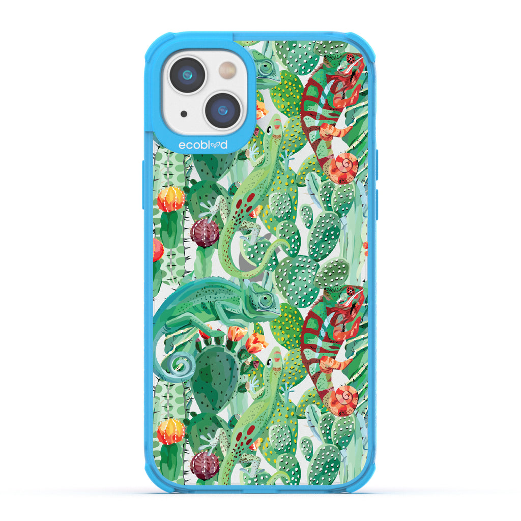In Plain Sight - Blue Eco-Friendly iPhone 14 Plus Case With Chameleons On Cacti On A Clear Back
