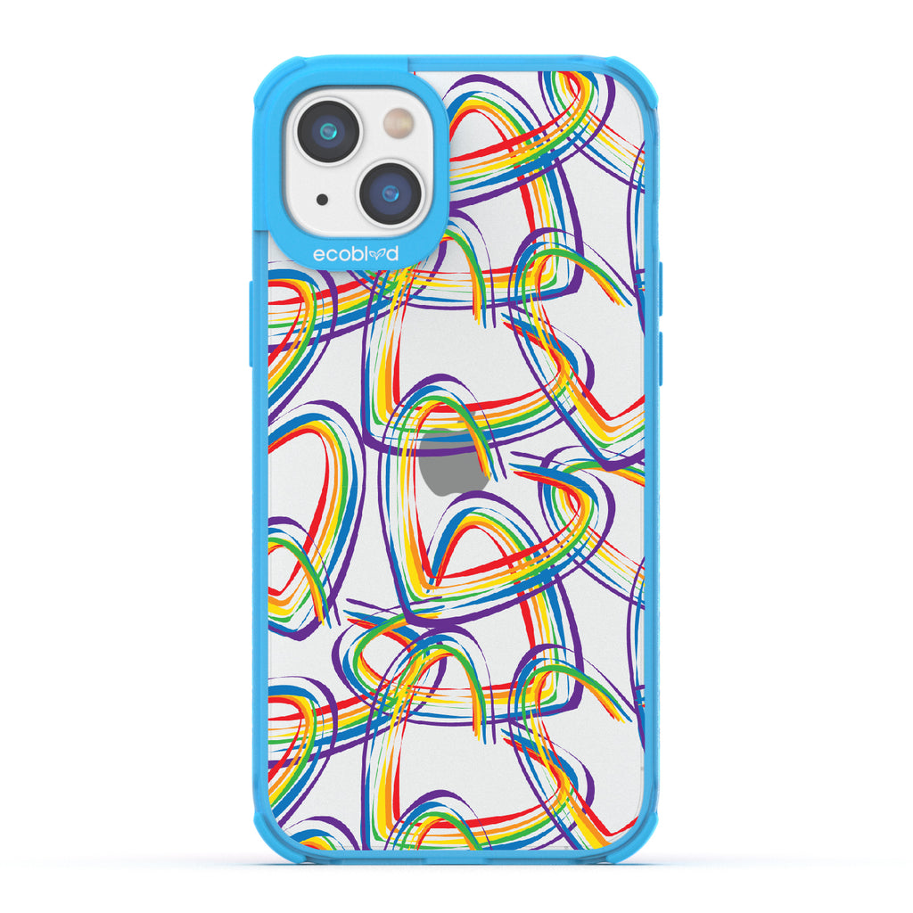 One Love - Blue Eco-Friendly iPhone 14 Plus Case With Brush Stroke Rainbow Hearts On A Clear Back
