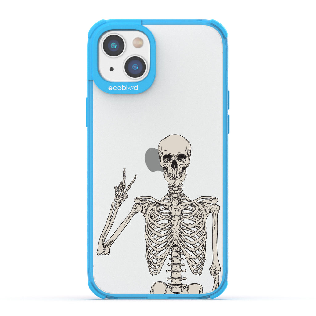 Creepin' It Real - Blue Eco-Friendly iPhone 14 Plus Case With Skeleton Giving A Peace Sign On A Clear Back