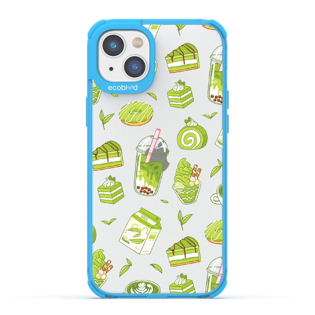 iPhone 16e, 14, 13 case, clear eco-friendly phone case with blue ridges, back view, So Matcha More design