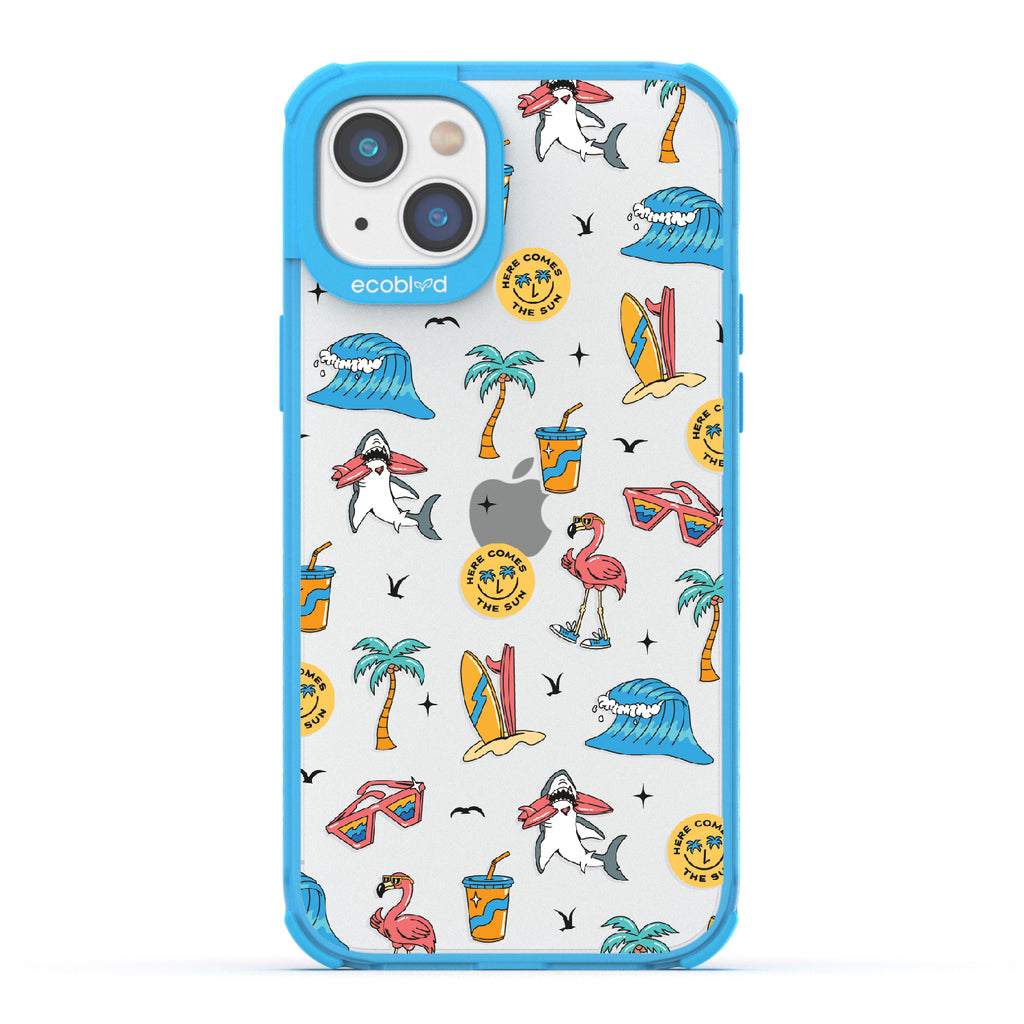 Here Comes The Sun - Blue Eco-Friendly iPhone 14 Plus Case: Sunglasses, Surfboard, Waves & Beach Theme On A Clear Back