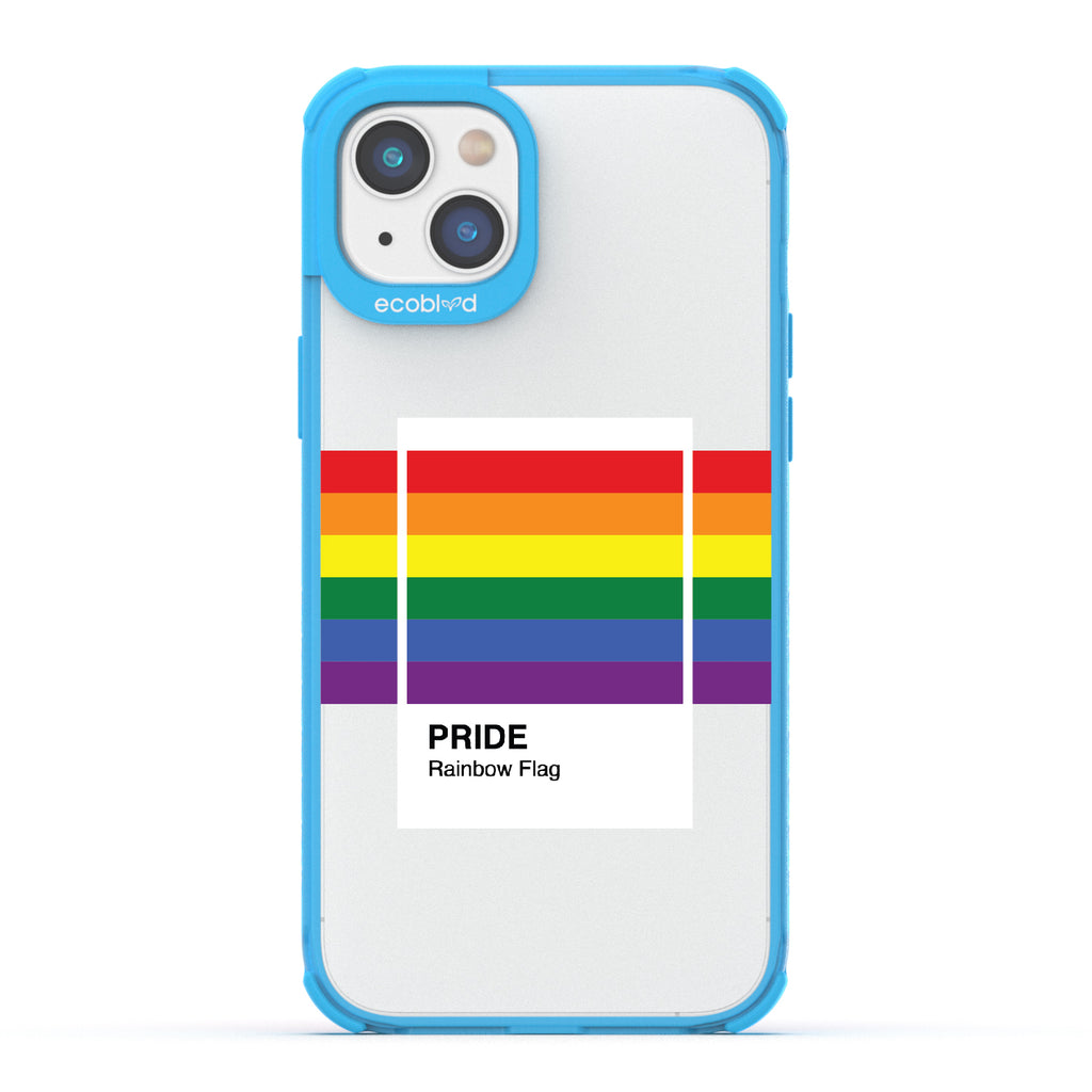 Colors Of Unity - Blue Eco-Friendly iPhone 14 Plus Case With Pride Rainbow Flag As Pantone Swatch On A Clear Back