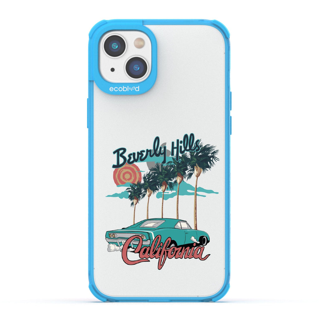 iPhone 16e, 14, 13 case, clear eco-friendly phone case with blue ridges, back view, 90210 design