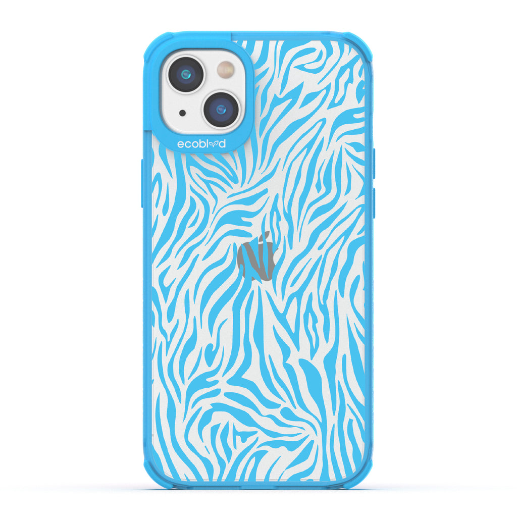 Zebra Print - Blue Eco-Friendly iPhone 14 Case With Blue Zebra Print On A Clear Back