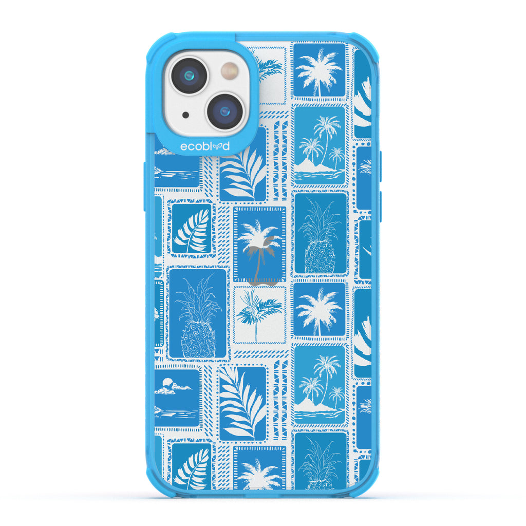 Oasis - Blue Eco-Friendly iPhone 14 Case With Tropical Shirt Palm Trees & Pineapple Print On A Clear Back