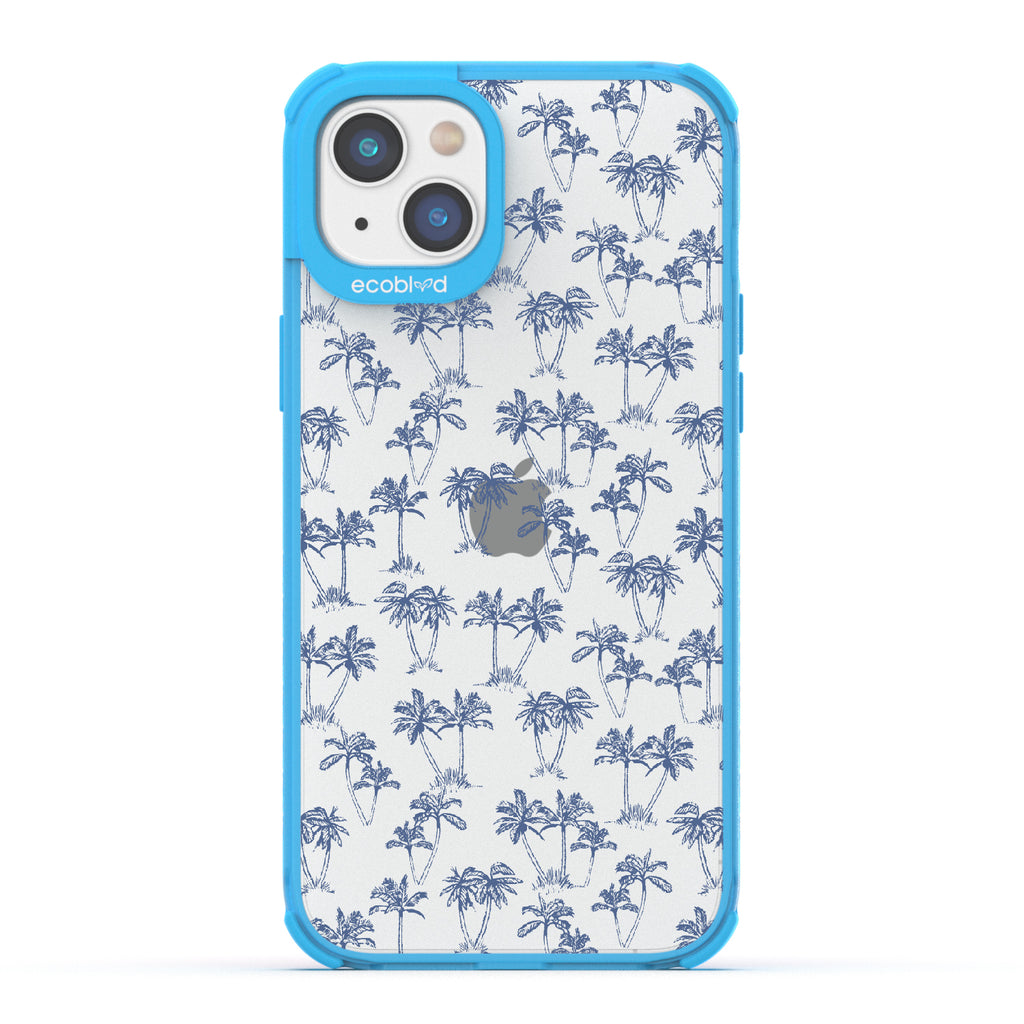 Endless Summer - Blue Eco-Friendly iPhone 14 Plus Case With 50's-Style Blue Palm Trees Print On A Clear Back