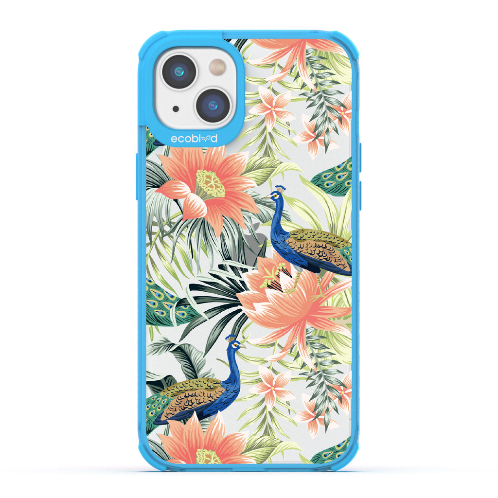 Peacock Palace - Blue Eco-Friendly iPhone 14 Case With Peacocks + Colorful Tropical Fauna On A Clear Back