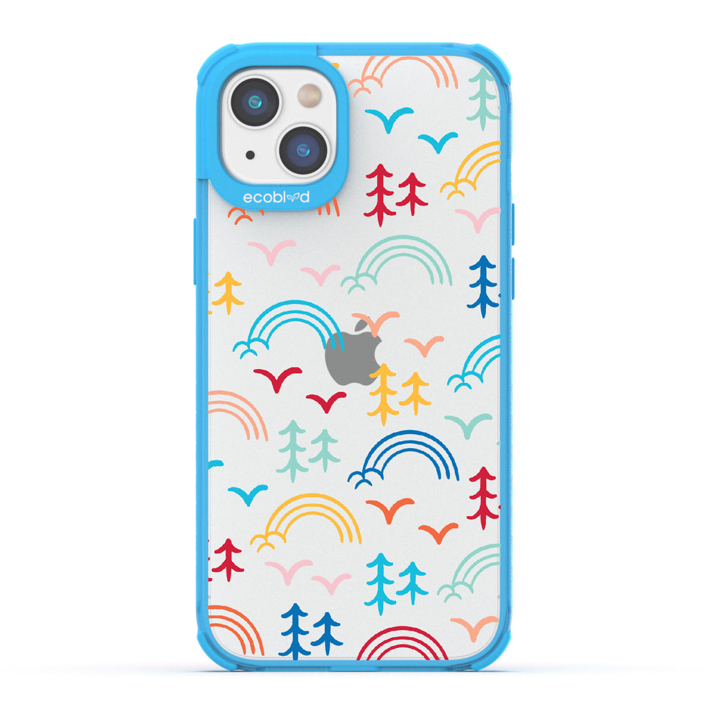  Happy Camper X Brave Trails - Blue Eco-Friendly iPhone 14 Case with Minimalist Trees, Birds, Rainbows On A Clear Back