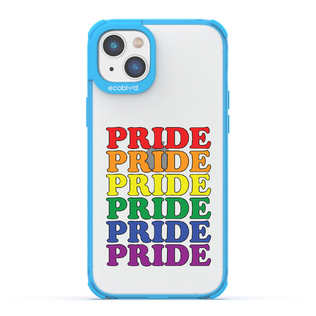 Pride Camp - Blue Eco-Friendly iPhone 14 Case With Pride Stacked In Multiple Rainbow Colors On A Clear Back