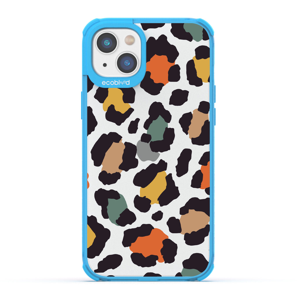 Cheetahlicious - Blue Eco-Friendly iPhone 14 Plus Case With Multi-Colored Cheetah Print On A Clear Back