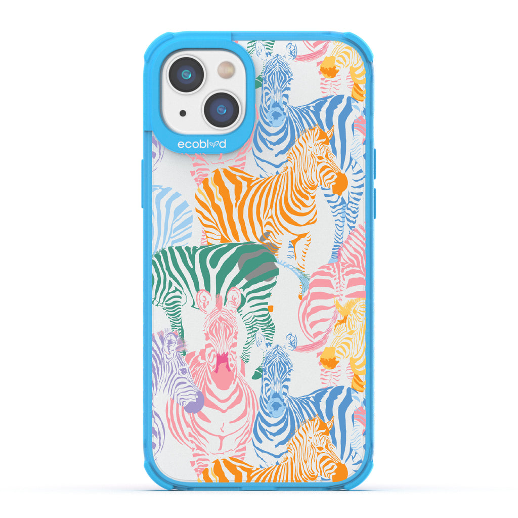 Colorful Herd - Blue Eco-Friendly iPhone 14 Case With Zebras in Multiple Colors On A Clear Back