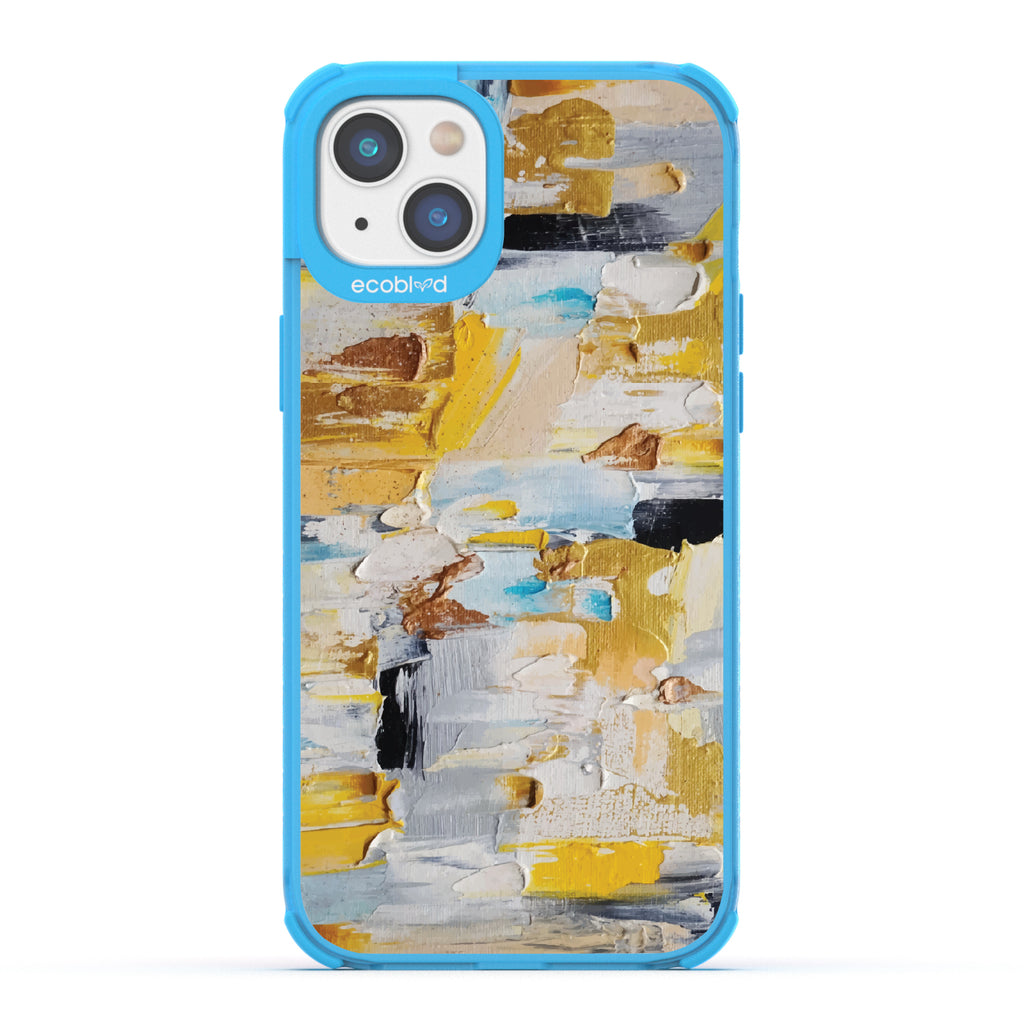 iPhone 14 Plus case, clear eco-friendly phone case with blue ridges, back view, Lighten Up design