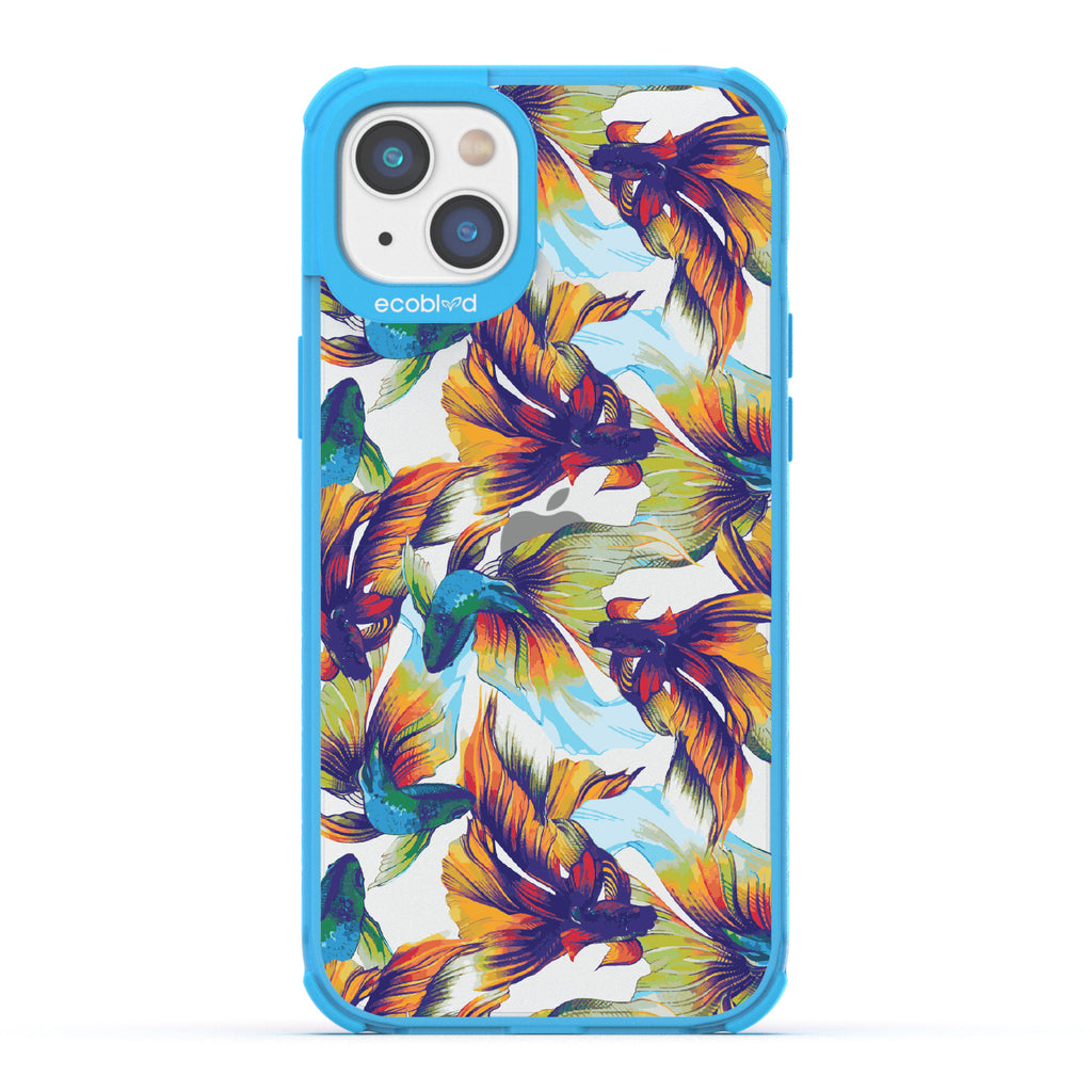 Betta Than The Rest - Blue Eco-Friendly iPhone 14 Case With Colorful Betta Fish On A Clear Back