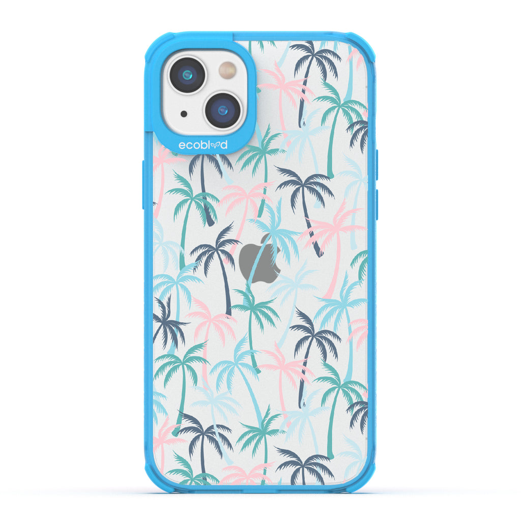 Cruel Summer - Blue Eco-Friendly iPhone 14 Case With Hotline Miami Colored Tropical Palm Trees On A Clear Back