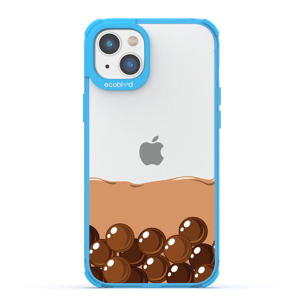 iPhone 14 Plus case, clear eco-friendly phone case with blue ridges, back view, Brown Sugar Boba design