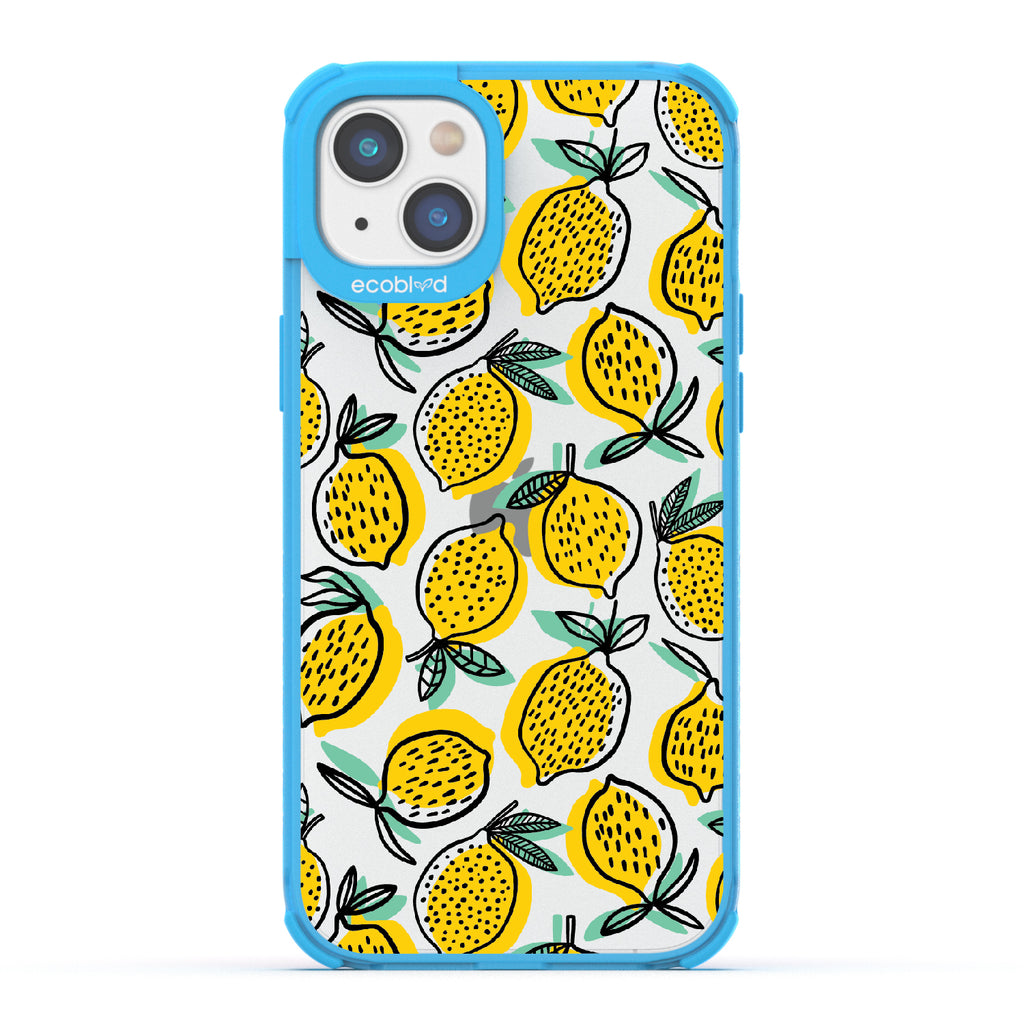 Lemon Drop - Blue Eco-Friendly iPhone 14 Case With Retro Lemon Print On A Clear Back