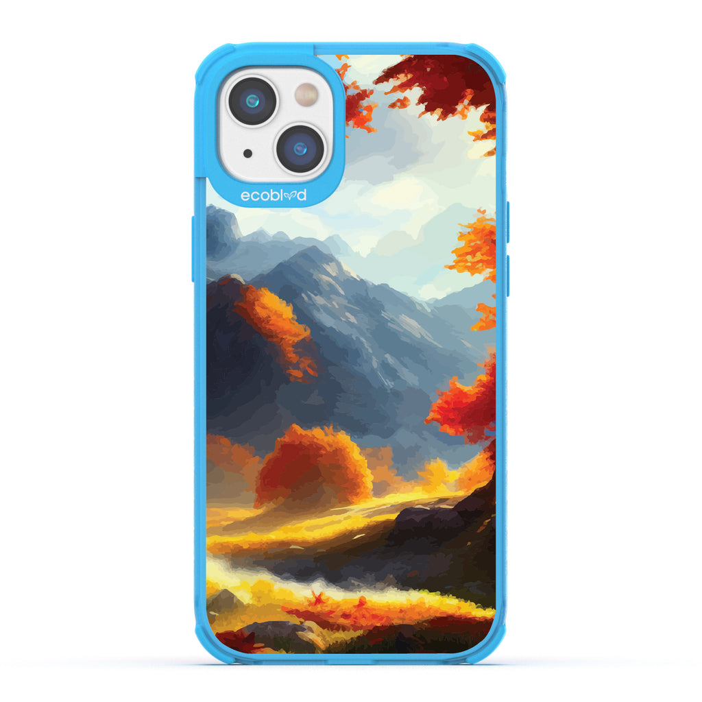 Autumn Canvas - Watercolored Fall Mountain Landscape - Eco-Friendly Clear iPhone 14 Plus Case With Blue Rim 