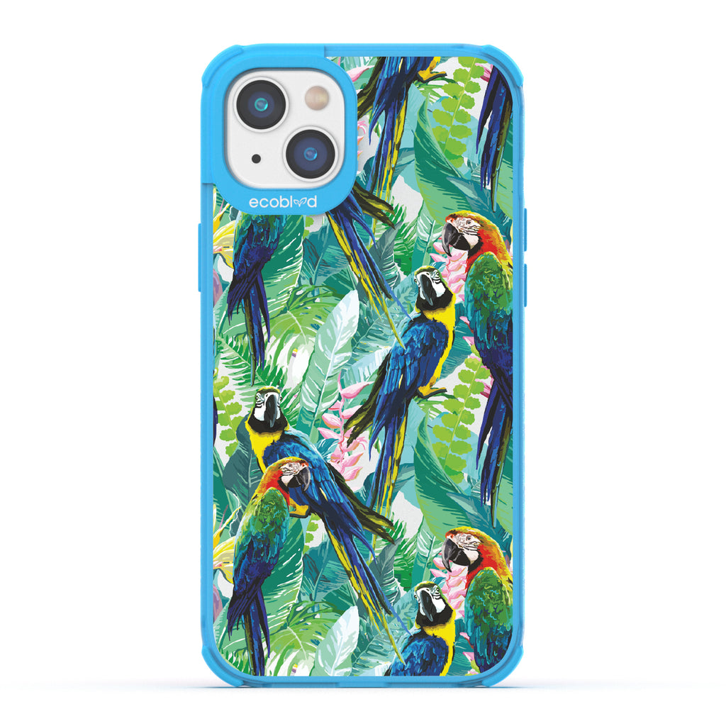 Macaw Medley - Blue Eco-Friendly iPhone 14 Plus Case With Macaws & Tropical Leaves On A Clear Back