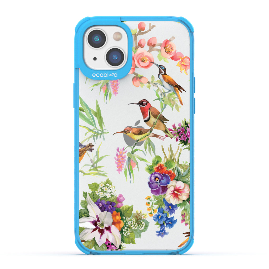 Sweet Nectar - Blue Eco-Friendly iPhone 14 Plus Case With Humming Birds, Colorful Garden Flowers On A Clear Back