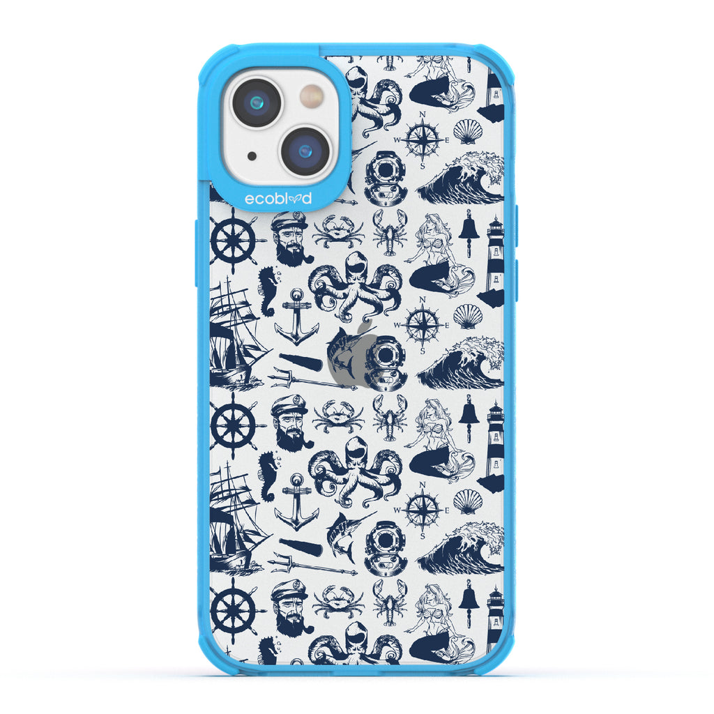 Nautical Tales - Blue Eco-Friendly iPhone 14 Plus Case With Sailors, Ships, Waves, Anchors & More On A Clear Back