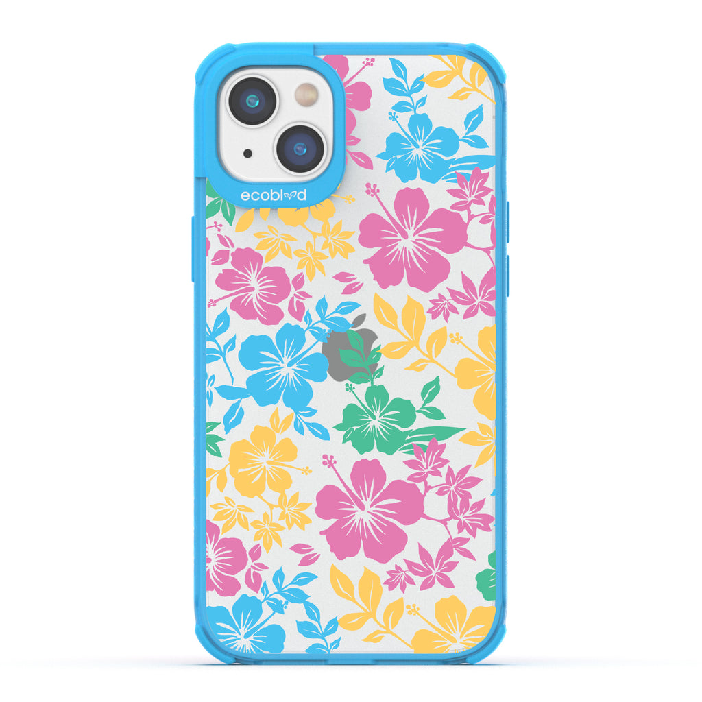 Lei'd Back - Blue Eco-Friendly iPhone 14 Case With Colorful Hawaiian Hibiscus Floral Print On A Clear Back
