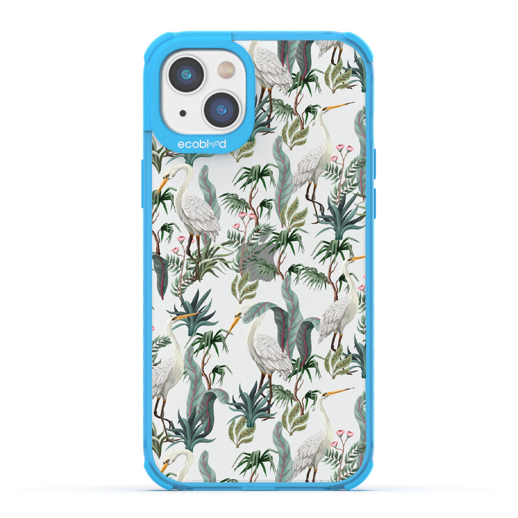 Flock Together - Blue Eco-Friendly iPhone 14 Case With Herons & Peonies On A Clear Back