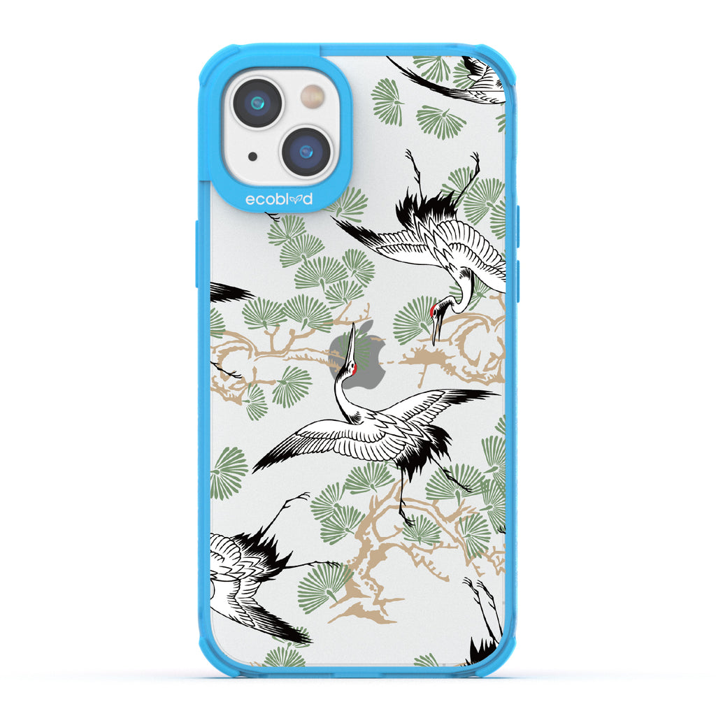 Graceful Crane - Blue Eco-Friendly iPhone 14 Plus Case With Japanese Cranes Atop Branches On A Clear Back