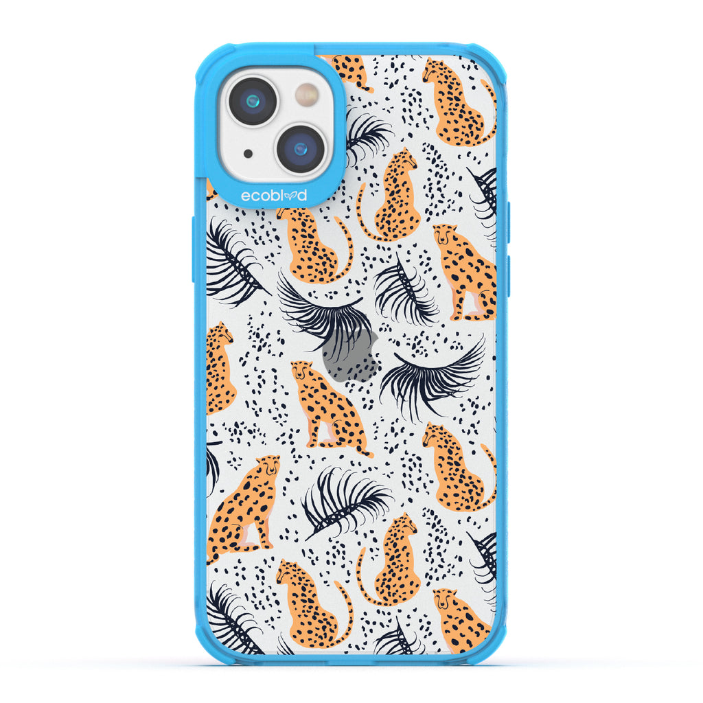 Feline Fierce - Blue Eco-Friendly iPhone 14 Case With Minimalist Cheetahs With Spots and Reeds On A Clear Back