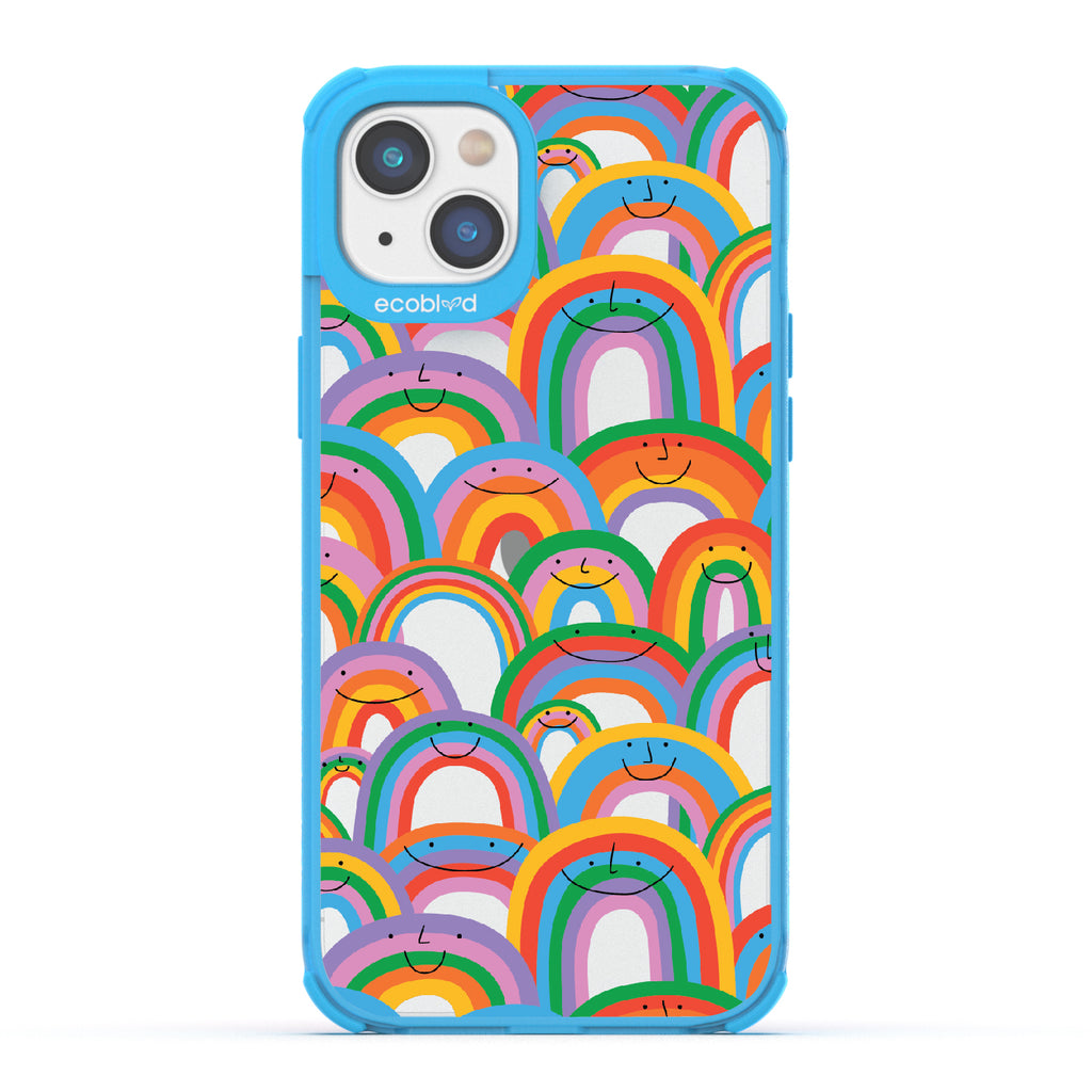 Prideful Smiles - Blue Eco-Friendly iPhone 14 Case With Rainbows That Have Smiley Faces On A Clear Back