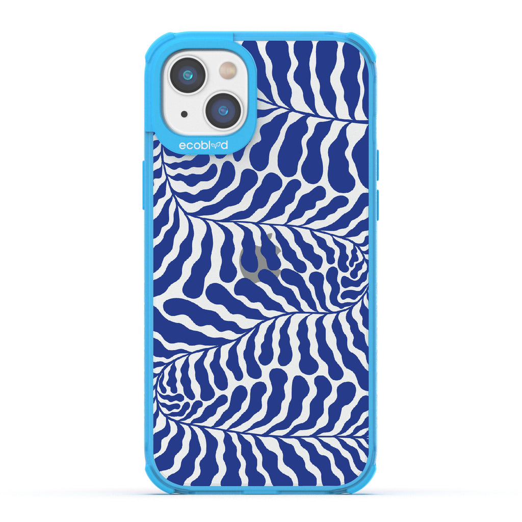 Blue Lagoon - Blue Eco-Friendly iPhone 14 Case With Abstract Tropical Blue Seaweed On A Clear Back