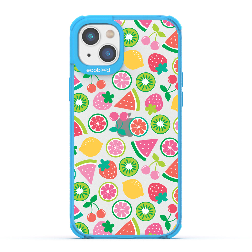 Juicy Fruit - Blue Eco-Friendly iPhone 14 Case With Various Colorful Summer Fruits On A Clear Back