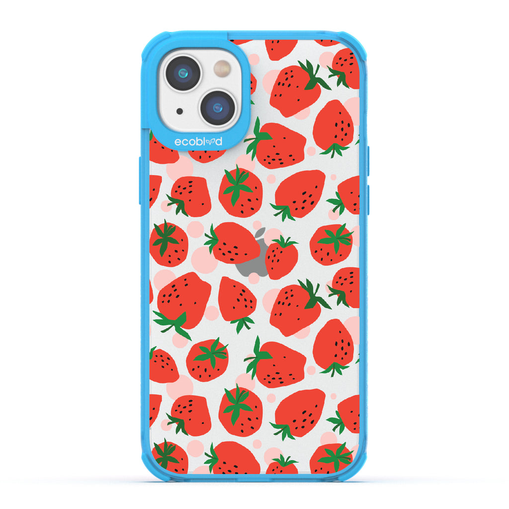 Strawberry Fields - Blue Eco-Friendly iPhone 14 Plus Case With Strawberries On A Clear Back