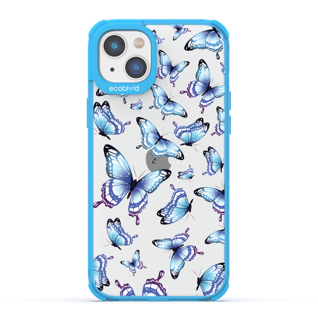Social Butterfly - Blue Eco-Friendly iPhone 14 Case With Blue Butterflies On A Clear Back - Compostable