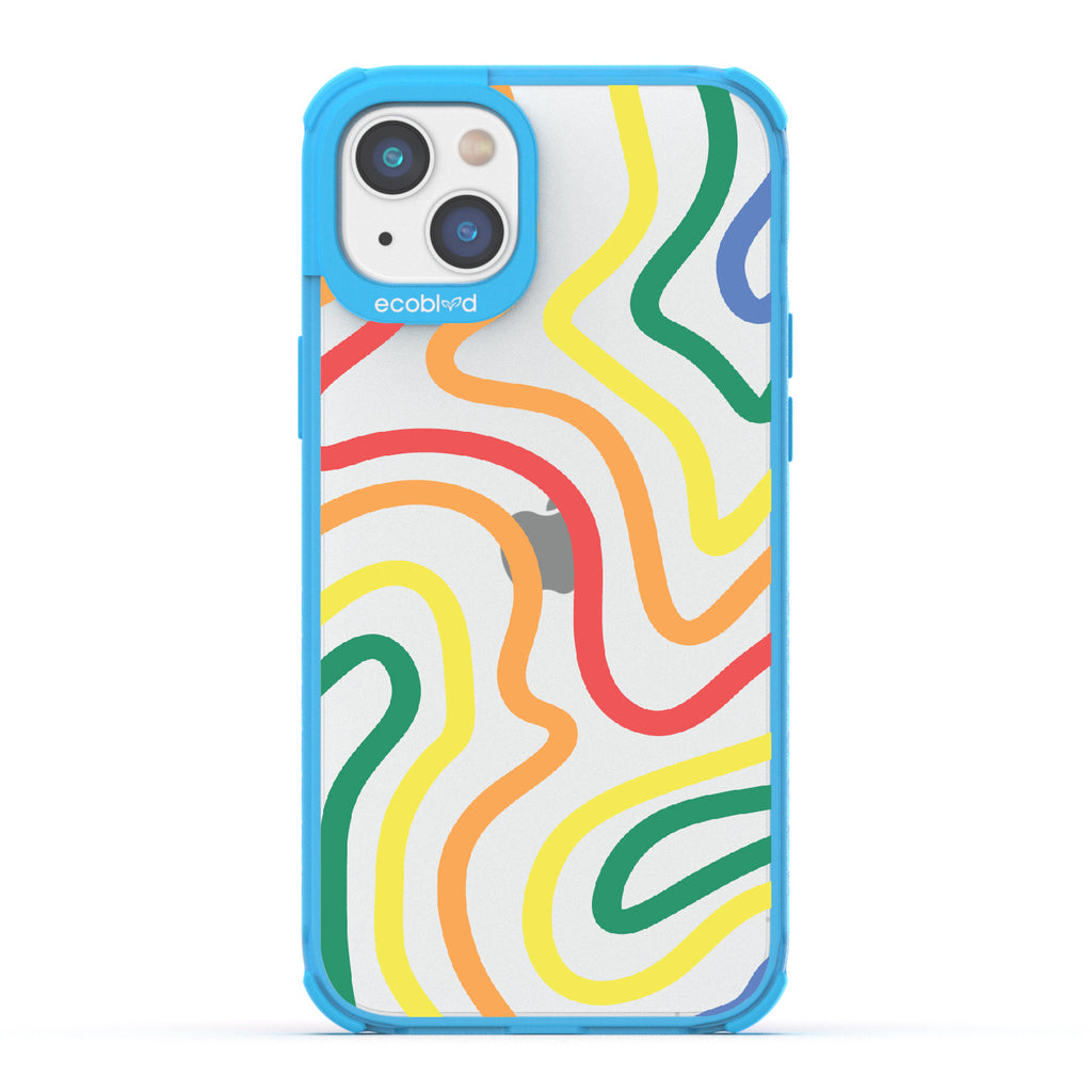 True Colors - Blue Eco-Friendly iPhone 14 Plus Case With Abstract Lines In Different Colors Of The Rainbow On A Clear Back