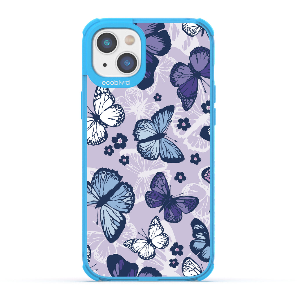 Deja Vu - Blue Eco-Friendly iPhone 14 Plus Case With Blue, White, Purple Butterflies & Flowers On A Purple / Clear Back