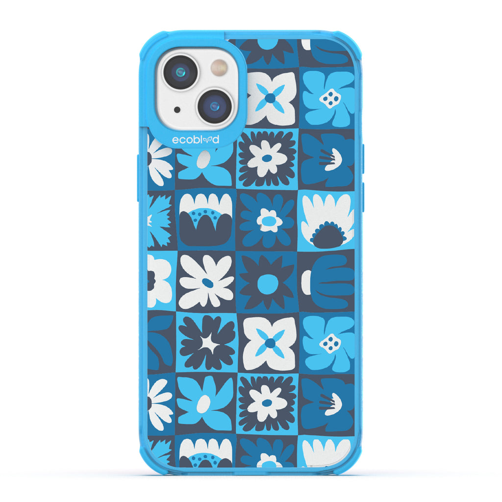 Paradise Blooms - Blue Eco-Friendly iPhone 14 Case With Tropical Floral Checker Print On A Clear Back