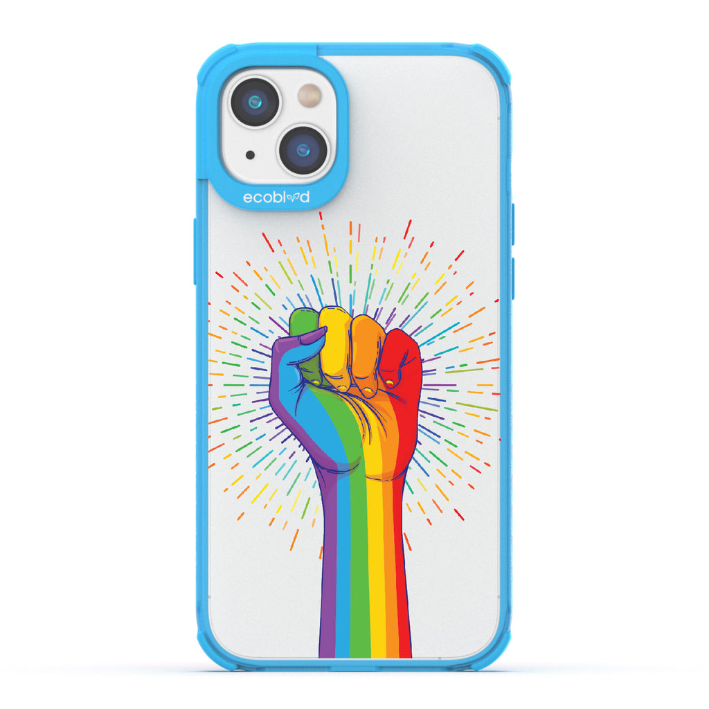 Rise With Pride - Blue Eco-Friendly iPhone 14 Case With Raised Fist In Rainbow Colors On A Clear Back