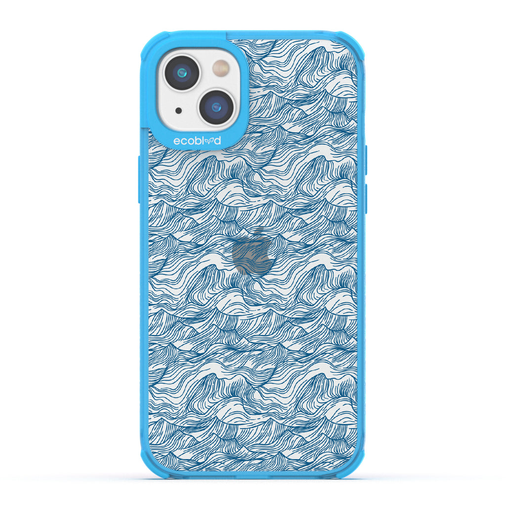 Seas The Day - Blue Eco-Friendly iPhone 14 Case With Hand Drawn Waves On A Clear Back