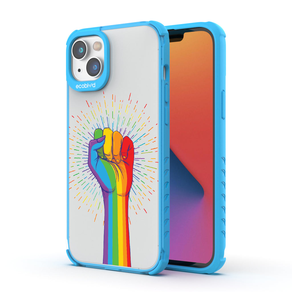 Rise With Pride - Back View Of Blue & Clear Eco-Friendly iPhone 14 Case & A Front View Of The Screen