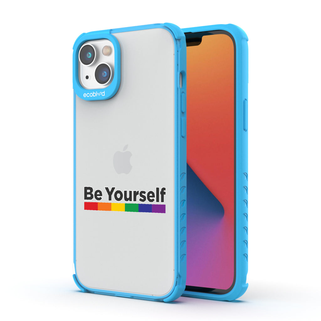Be Yourself - Back View Of Blue & Clear Eco-Friendly iPhone 14 Plus Case & A Front View Of The Screen