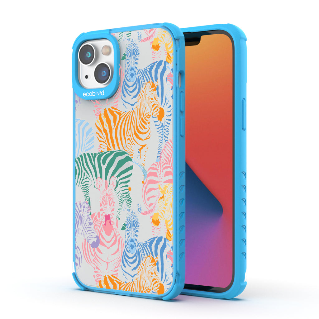 Colorful Herd - Back View Of Blue & Clear Eco-Friendly iPhone 14 Case & A Front View Of The Screen