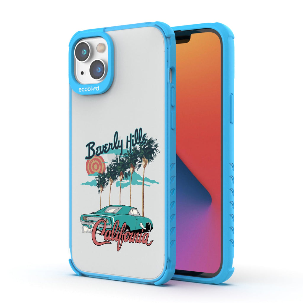 Front and back view of iPhone 16e, 14, 13 case, clear compostable phone case with blue ridges, 90210 design