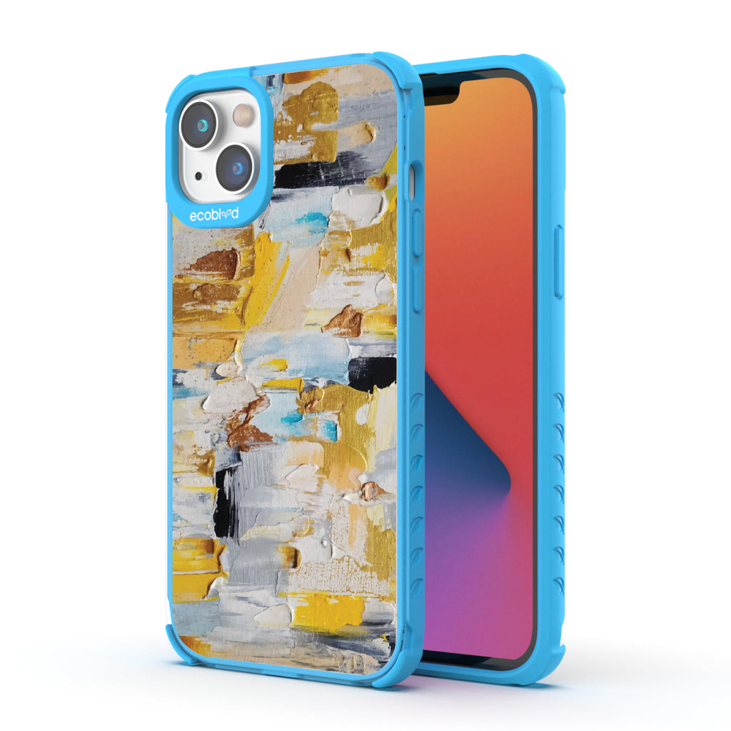 Front and back view of iPhone 16e, 14, 13 case, clear compostable phone case with blue ridges, Lighten Up design