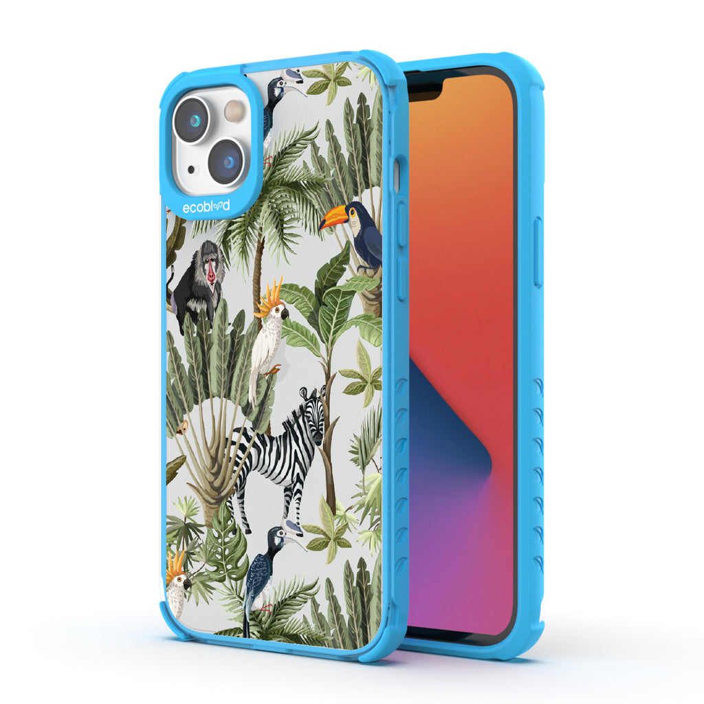 Toucan Play That Game - Back View Of Blue & Clear Eco-Friendly iPhone 14 Plus Case & A Front View Of The Screen