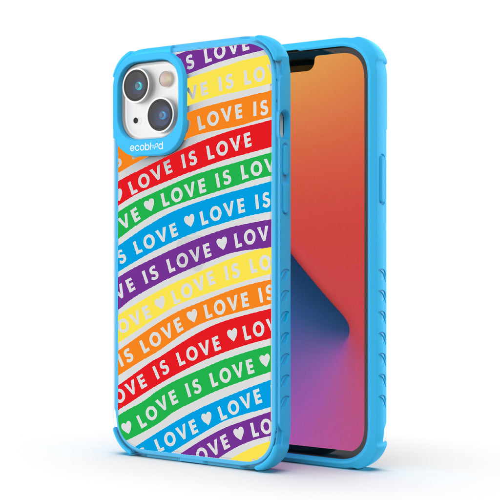 Love Unites All - Back View Of Blue & Clear Eco-Friendly iPhone 14 Case & A Front View Of The Screen