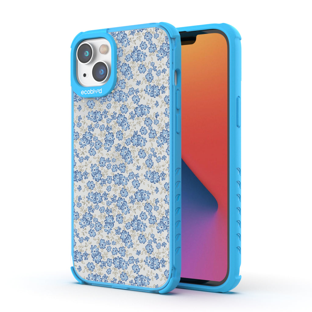 Ditsy Daze - Back View Of Blue & Clear Eco-Friendly iPhone 14 Case & A Front View Of The Screen