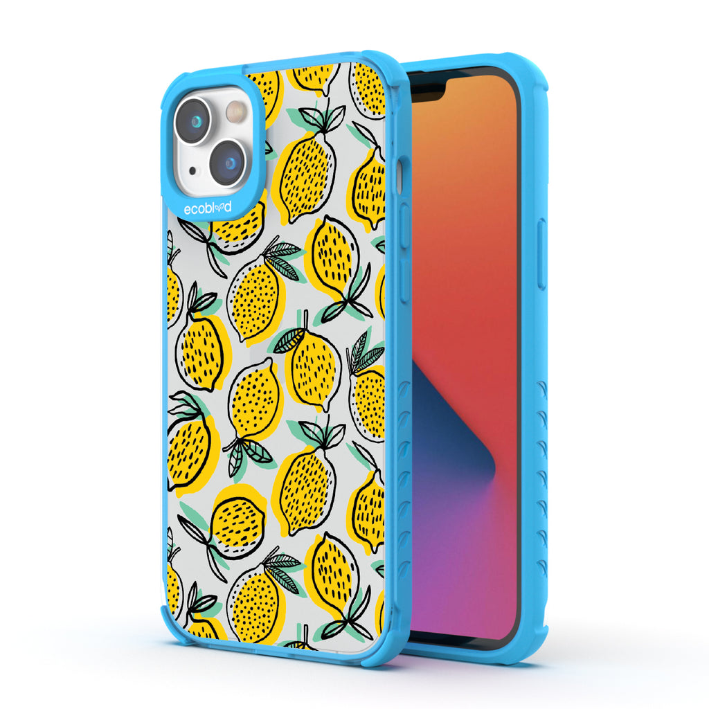Lemon Drop - Back View Of Blue & Clear Eco-Friendly iPhone 14 Case & A Front View Of The Screen