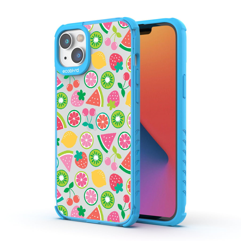 Juicy Fruit - Back View Of Blue & Clear Eco-Friendly iPhone 14 Case & A Front View Of The Screen