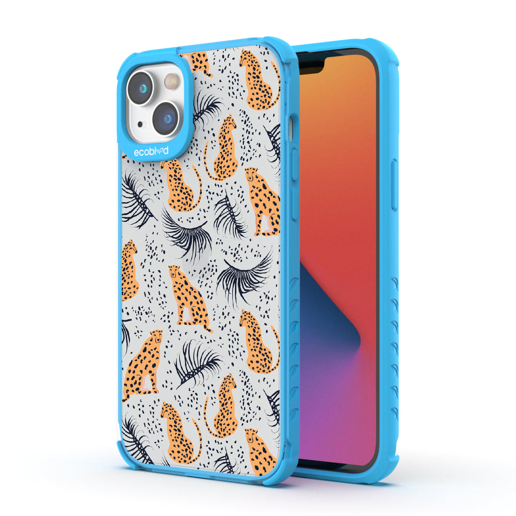 Feline Fierce - Back View Of Blue & Clear Eco-Friendly iPhone 14 Plus Case & A Front View Of The Screen