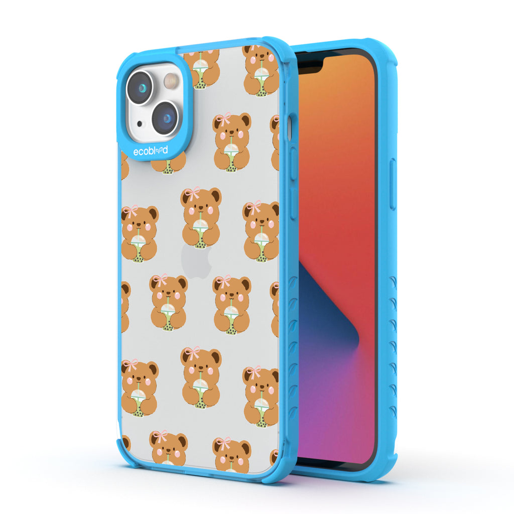 Front and back view of iPhone 14 Plus case, clear compostable phone case with blue ridges, Bear-ista Approved design